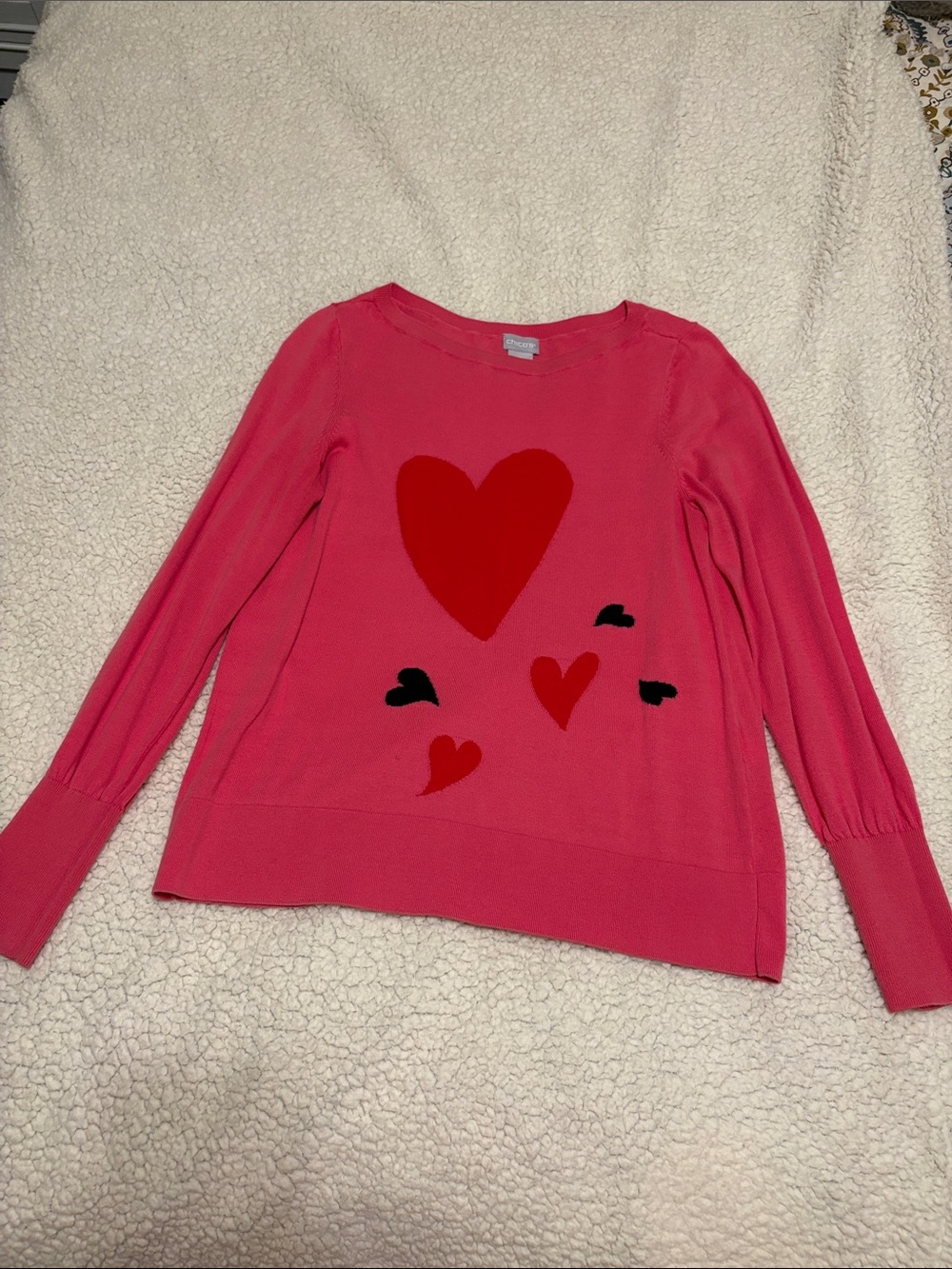 Chico's Pink Heart Motif Crewneck Sweater